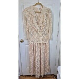 Vintage Lorrie Kabala Size 12 Lace 3pc Camisole Wrap Top Skirt Ivory Pink